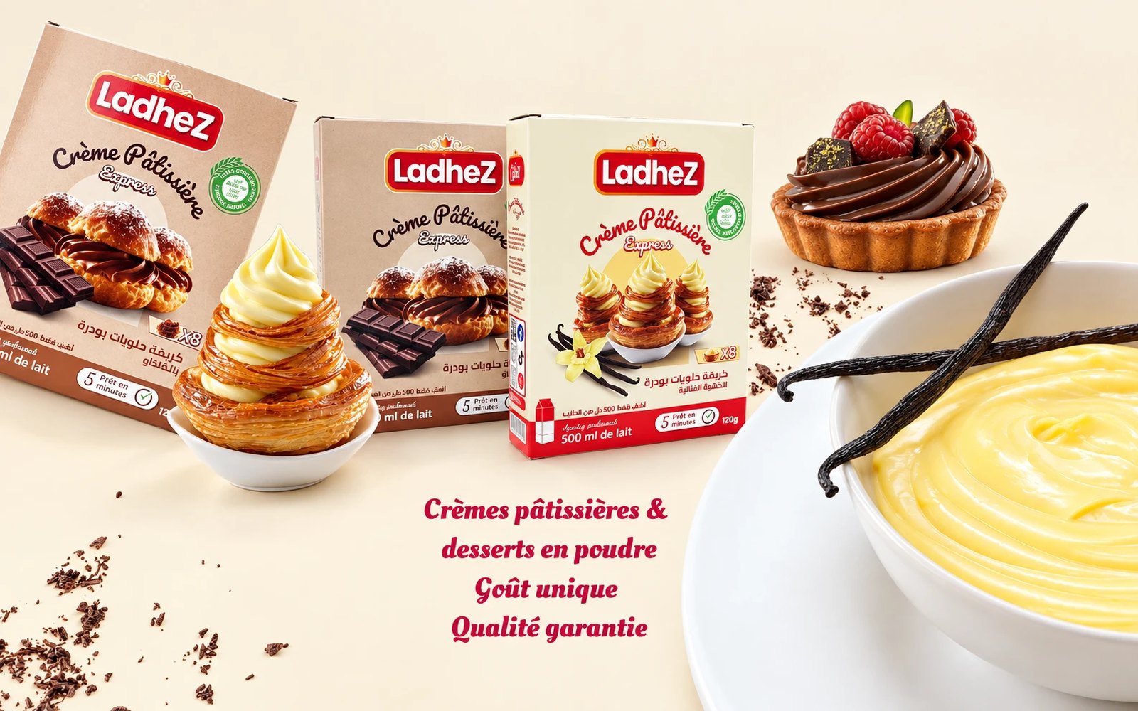 Visuel de la marque Ladhez : boîtes de crème pâtissière et desserts