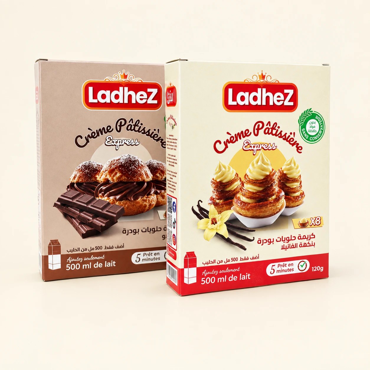 Les deux boîtes Ladhez, vanille et chocolat